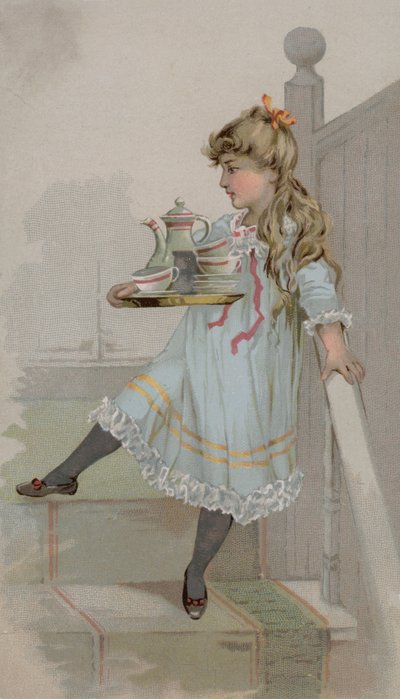 Niña llevando una cafetera en una bandeja de American School