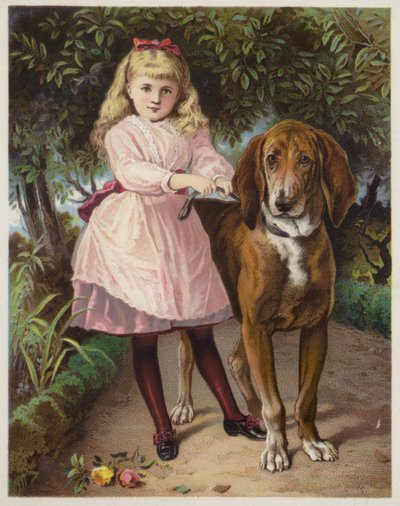Niña sosteniendo un sabueso con una correa de American School