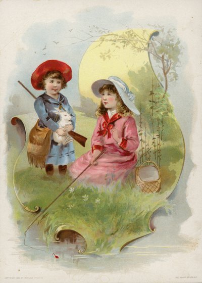 Niña sosteniendo conejo blanco, niña pescando de American School