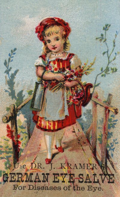 Niña en puente, anunciando German Eye Salve de American School