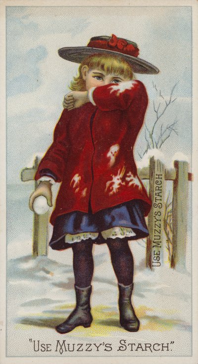 Niña con bola de nieve en la mano protegiendo su cara de American School
