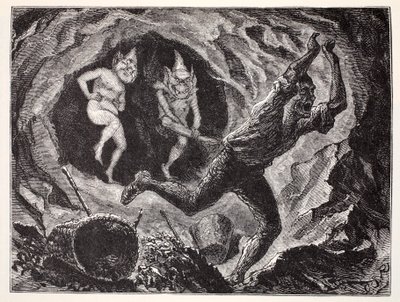 Gnomos Aterrorizando a un Minero, de La Guía Mundial de Gnomos, Hadas, Elfos y Otros Seres Pequeños por Thomas Keightley (1789-1872) Publicado 1880 de American School