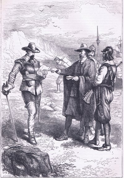 Desembarco de Gorton (1646), ilustración de la Historia de los Estados Unidos de Cassell publicada por Petter & Galpin c.1890 de American School