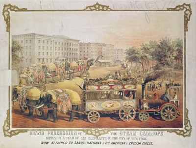 Gran procesión del Steam Calliope tirado por un equipo de seis elefantes en la ciudad de Nueva York, 1857 de American School