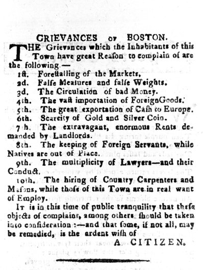 Quejas de Boston, carta publicada en el Boston Gazette, 4 de abril de 1786 de American School