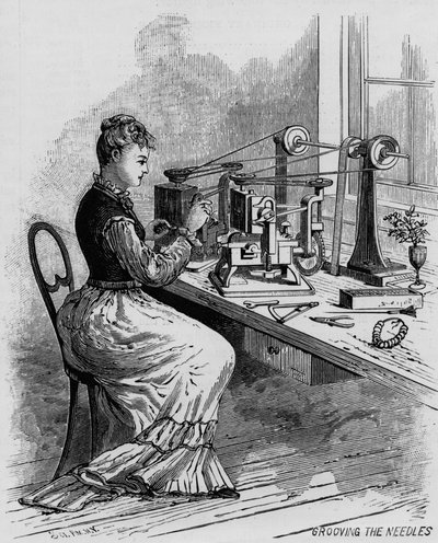 Ranurando las agujas, ilustración que muestra la fabricación de máquinas de coser de la revista Scientific American, 1879 de American School
