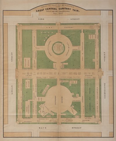 Plano de los edificios de la Gran Feria Sanitaria Central, Logan Square, junio de 1864 (litografía en color) de American School