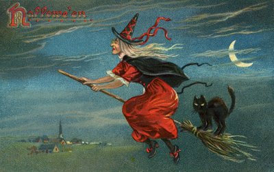 Bruja de Halloween y gato negro montando la escoba por la noche de American School