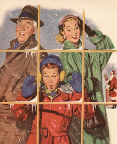 Familia feliz mirando regalos en una vitrina en la víspera de Navidad de American School