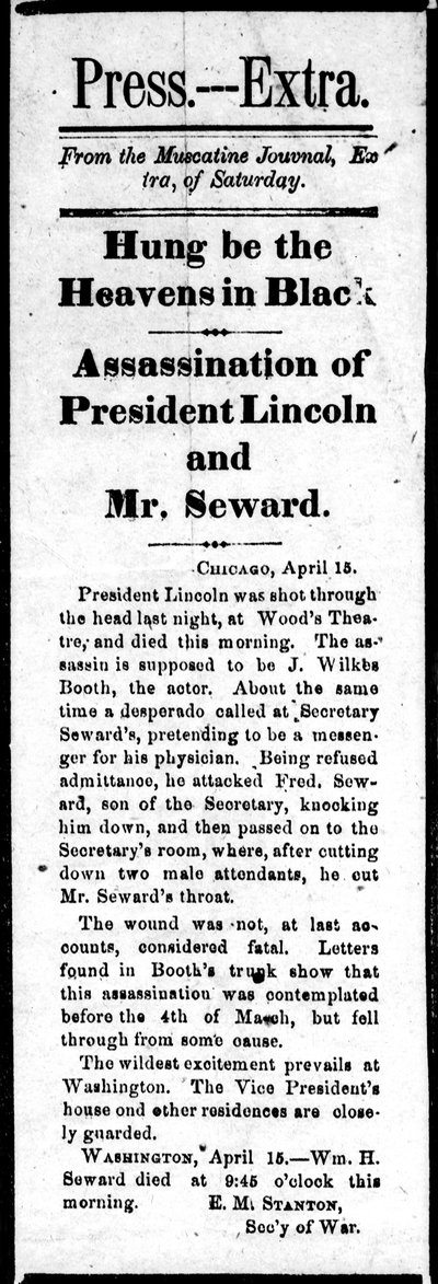 Titular anunciando el asesinato de Abraham Lincoln (1809-65) y el intento de asesinato de William Seward (1801-72) de Press Extra, 15 de abril de 1865 de American School