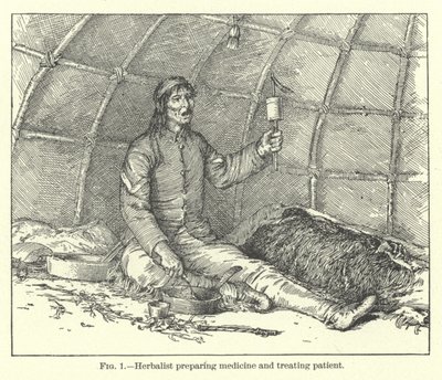 Herbolario preparando medicina y tratando al paciente de American School