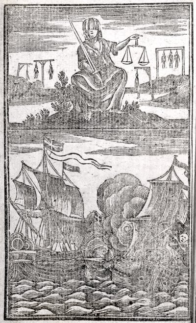 Historia y vidas de todos los piratas más notorios y sus tripulaciones, frontispicio, Londres, 1725 de American School