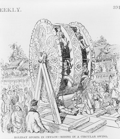 Deportes festivos en Ceilán, montando en una rueda circular, c.1893 de American School