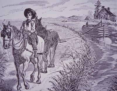 Caballos tirando de un barco de canal en el camino de sirga, Canal Erie de American School