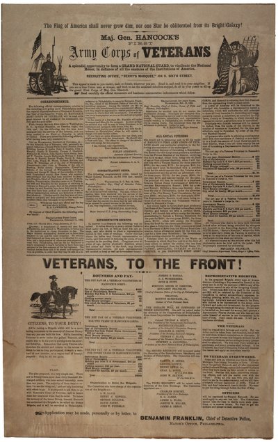 Póster de reclutamiento de Filadelfia para el Primer Cuerpo de Veteranos del General Hancock, febrero 1865 de American School