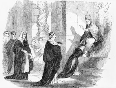 Ilustración de un folleto Anti-Católico que muestra a un sacerdote besando las vestiduras del Papa de American School