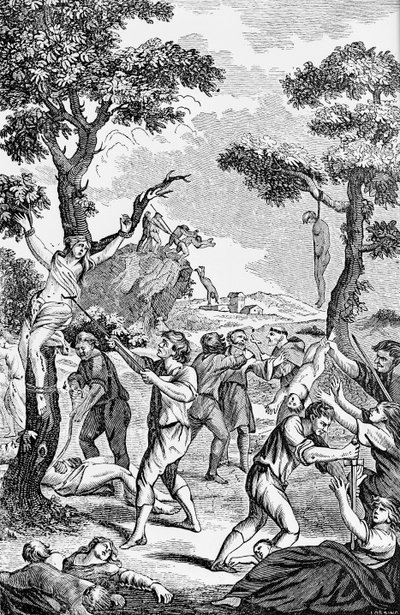 Ilustración de un folleto Anti-Católico que muestra a mujeres y niños siendo asesinados de American School