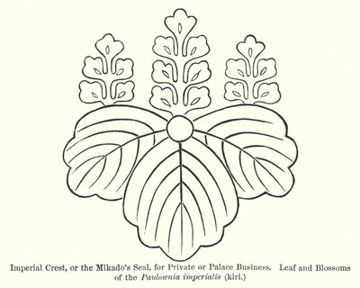 Cresta imperial, o el sello del Mikado, para negocios privados o del palacio, hoja y flores de la Paulownia imperialis, kiri de American School