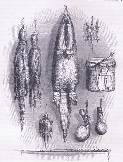 Bolsa de medicina india, silbato misterioso, batallas y tambor 1661, ilustración de la Historia de los Estados Unidos de Cassell, pub. por Petter & Galpin c.1890 de American School