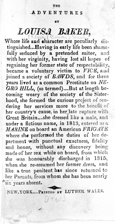 Página de introducción a Las Aventuras de Louisa Baker impresa por Luther Wales, Nueva York, 1815 de American School