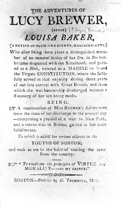 Página de introducción a Las Aventuras de Lucy Brewer impresa por H. Trumbull, Boston, 1815 de American School