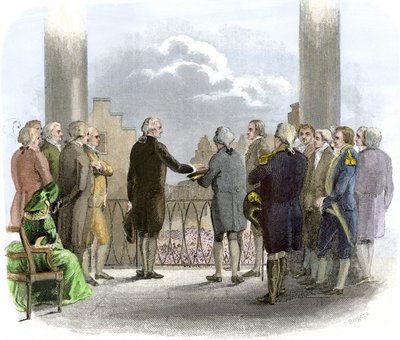 Investidura de George Washington (1732-1799) (grabado en color) de American School