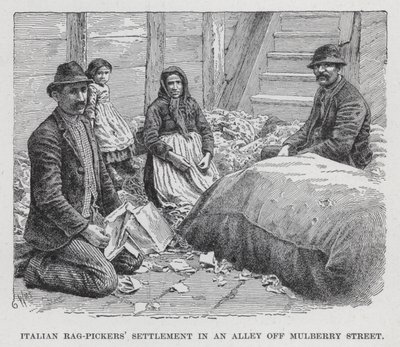 Asentamiento de recogedores de trapos italianos en un callejón de Mulberry Street de American School