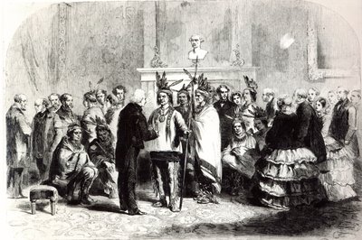 James Buchanan, Presidente de los Estados Unidos, induciendo a las tribus hostiles de los Pawnees y los Poncas a darse la mano, 1858 de American School