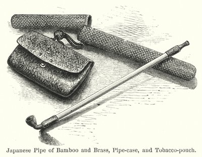 Pipa japonesa de bambú y latón, estuche para pipa y bolsa de tabaco de American School
