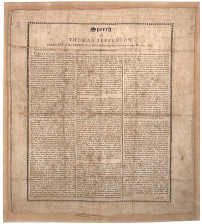 Primer discurso inaugural de Jefferson, impreso por Pechin, Baltimore, 4 de marzo de 1801 de American School