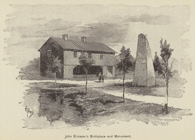 Lugar de nacimiento y monumento de John Ericsson (grabado) de American School