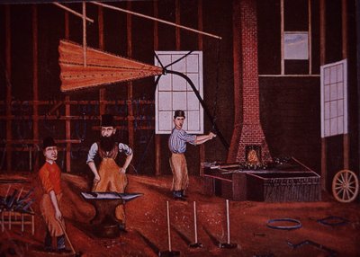 John Mohler Studebaker (centro), fabricante de carros germano-estadounidense en taller, c.1858 de American School