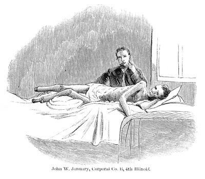 John W. January, Cabo de la Compañía B, 4º de Illinois, de Vida en Prisión en el Sur, escrito por Allen O. Abbott y publicado en 1865 de American School