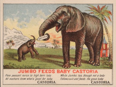 Jumbo alimenta al bebé Castoria, anuncio de la medicina Castoria de Fletcher, con el famoso elefante de circo de P.T. Barnum de American School