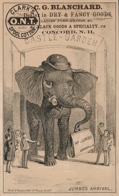 Llegada de Jumbo, anuncio de hilo de algodón de Clark, con el famoso elefante de circo de P.T. Barnum de American School
