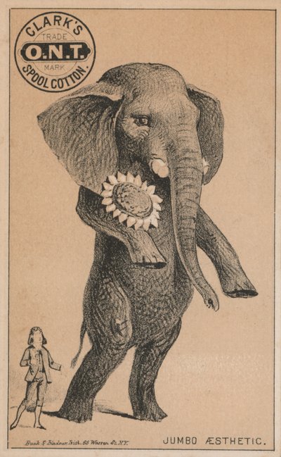 Llegada de Jumbo, anuncio de hilo de algodón de Clark, con el famoso elefante de circo de P.T. Barnum de American School