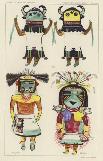 Kau, Muzribi, Lenya (litografía en color) de American School
