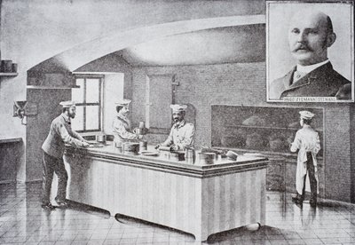 Cocina de la Casa Blanca en la década de 1890, con retrato insertado de Hugo Ziemann de American School