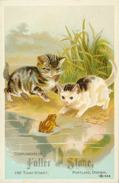 Gatitos encontrándose con una rana (cromolito) de American School