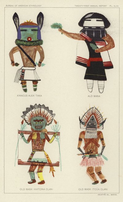 Kwacus Alek Taka, Alo Mana, Máscara antigua (Clan Katcina), Máscara antigua (Clan Tcua) (litografía en color) de American School