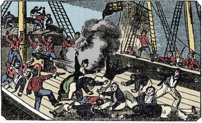 La muerte del pirata caballero Jean Lafitte (1780-1826), grabado de 