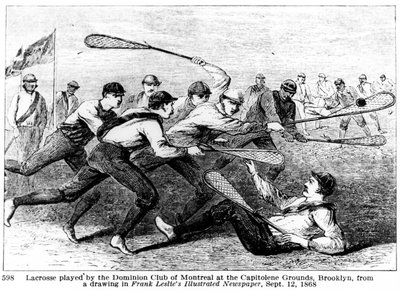 Lacrosse jugado por el Club Dominion de Montreal en los Campos Capitoline, Brooklyn, de un dibujo en el Periódico Ilustrado de Frank Leslie de American School