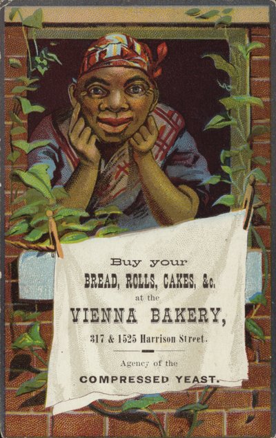 Dama en la ventana anunciando panadería de Viena de American School