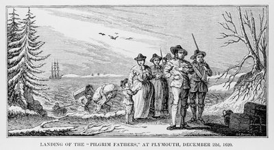 Desembarco de los Padres Peregrinos en Plymouth en Cape Cod, Massachusetts, 22 de diciembre de 1620, impreso en History and Antiquity of New England, New York... 1842 de American School