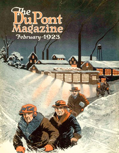 Saliendo del trabajo en la nieve, portada de la revista DuPont, febrero 1923 de American School