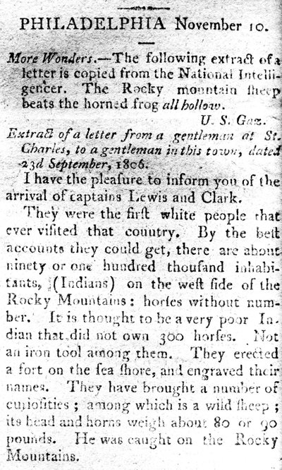 Carta anunciando la llegada de los capitanes Lewis y Clark, de The Boston Intelligencer, 19 de noviembre de 1806 de American School
