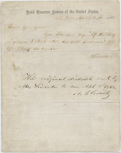 Carta de Abraham Lincoln al General Ulysses S. Grant, 7 de abril de 1865 de American School