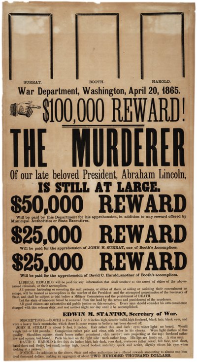 Póster de recompensa por el asesinato de Lincoln, 20 de abril 1865 de American School