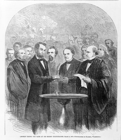 Lincoln tomando el juramento en su segunda inauguración, 4 de marzo de 1865, publicado en 1865 de American School