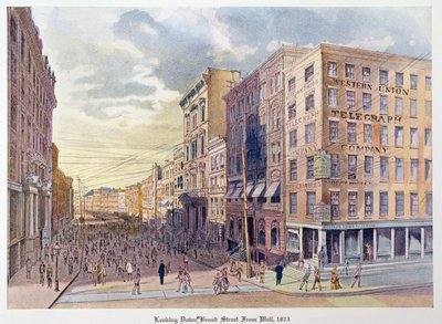 Vista de Broad Street desde Wall en 1873, ilustración de Old New York, ayer y hoy de Henry Collins Brown, 1922 de American School